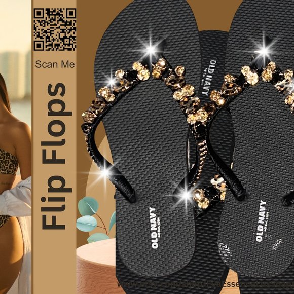 Flip Flops, Leopard, Cheetah Print, Beach Flip Flops, Rhinestones, Shoes, Sandal - Picture 1 of 15